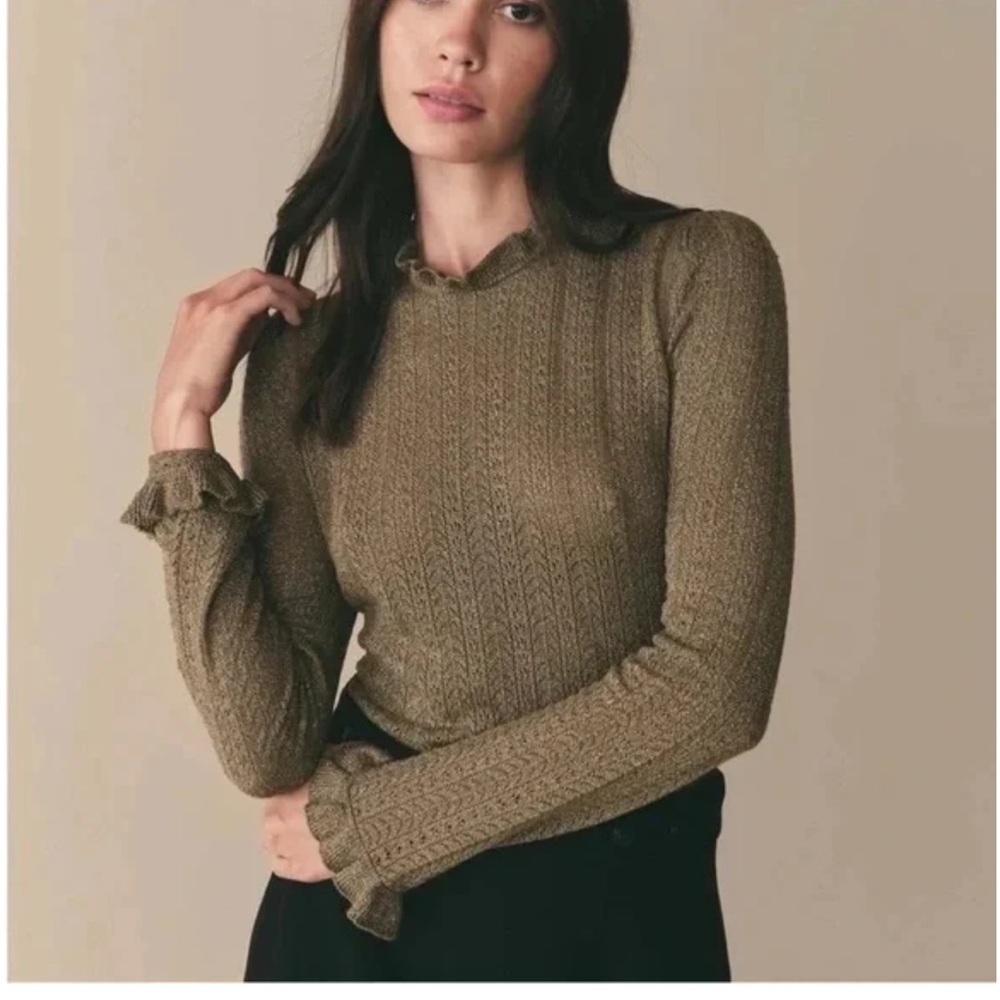 Doen Brown Ribbed Ruffled Long Sleeve Top